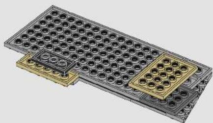3D rendering of a microplate with grid-like cavities and two gold-colored components (no text or symbols visible)