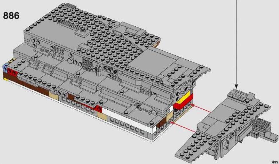 3D architectural diagram of a LEGO building assembly with visible structural components and a zoomed-in detail view (no text or symbols)