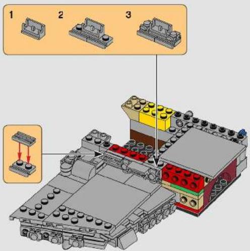 Lego assembly diagram showing three labeled components and a close-up of a mechanical assembly with red blocks and a yellow connector.