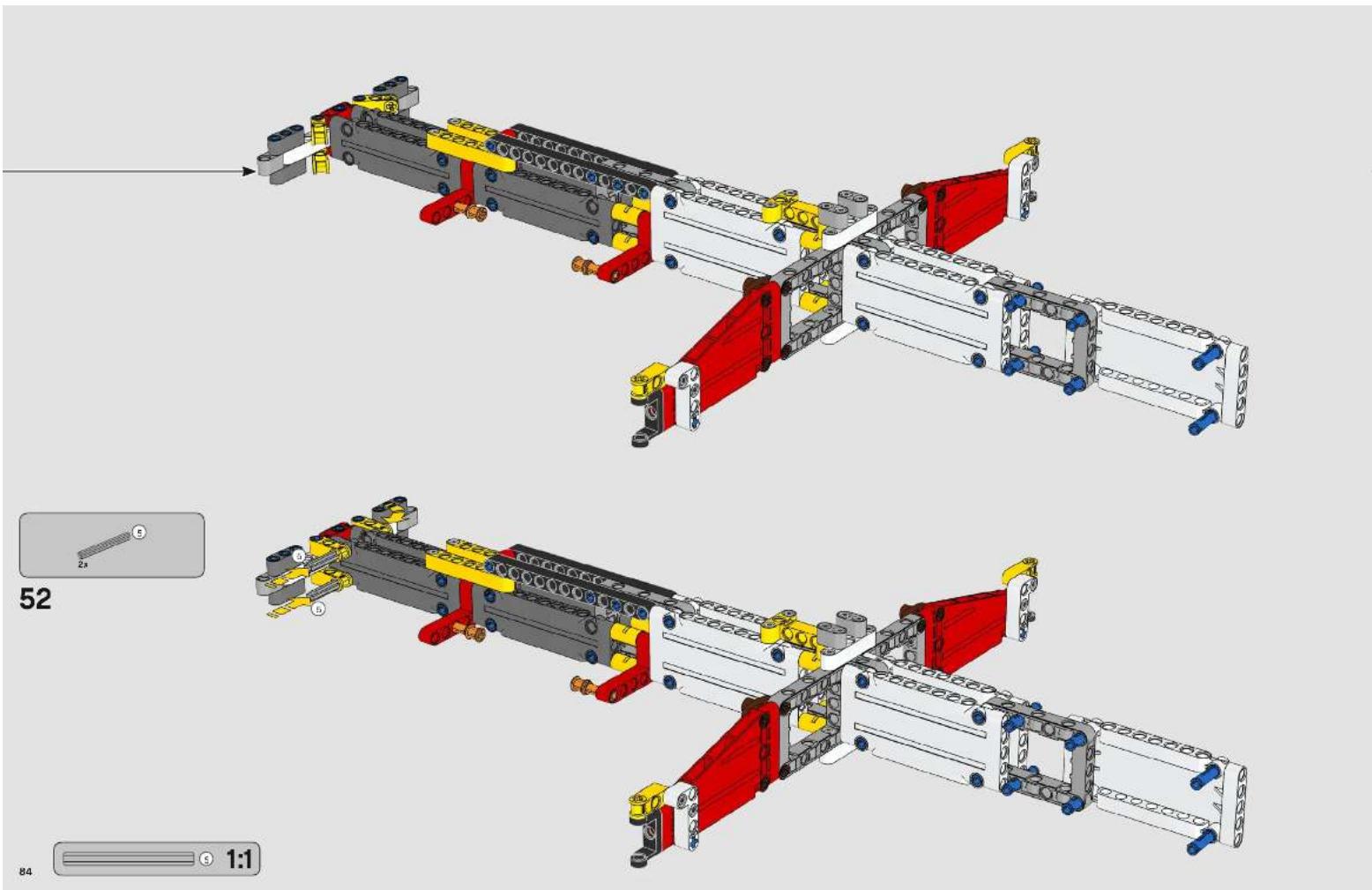 3D mechanical assembly diagram showing two views of a multi-joint robotic arm with red, yellow, and gray components (no text or labels)