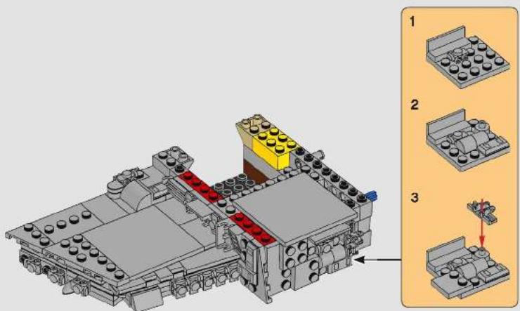 Lego assembly diagram showing three stages of assembly with numbered components and a directional arrow indicating movement.