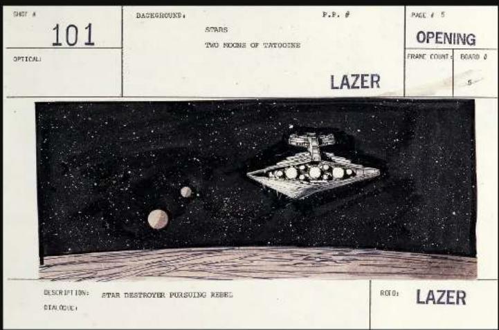 SHOT # 101 OPTICAL: BACKGROUND: P.E. # STARS TWO NOONS OF TATOCINE LAZER PAGE # 5 OPENING FRAME COUNT: BOARD 0 5 DESCRIPTION: STAR DESTROYER PURSUING REBE DIALOGUE: ROD: LAZER