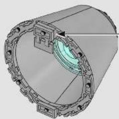 3D mechanical component diagram showing a cylindrical housing with flanged ends and a green highlighted section (no text or symbols)