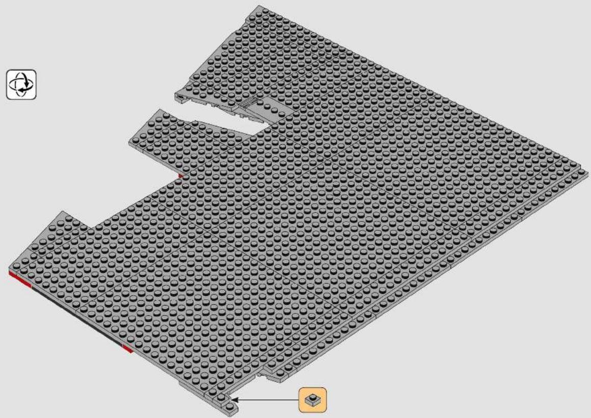 3D architectural model of a building with a highlighted section and a small orange button (no text or symbols)