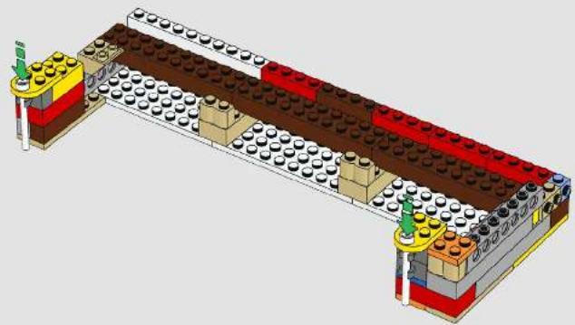3D architectural diagram of a multi-story building structure with brickwork and colored columns (no text or symbols)