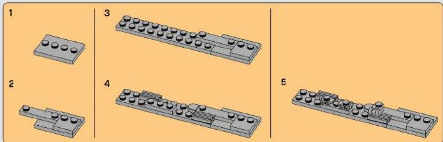 Diagram showing five different arrangements of LEGO blocks with numbered labels, likely illustrating a mechanical or architectural design.