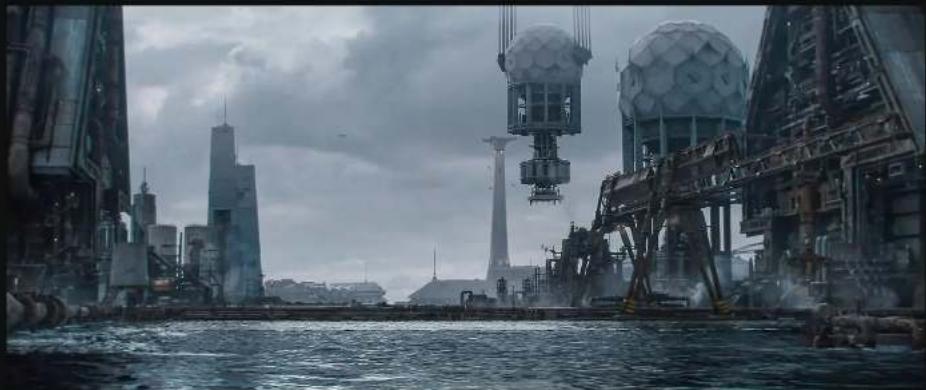Industrial waterfront scene with large spherical structures and cranes, no visible text or symbols