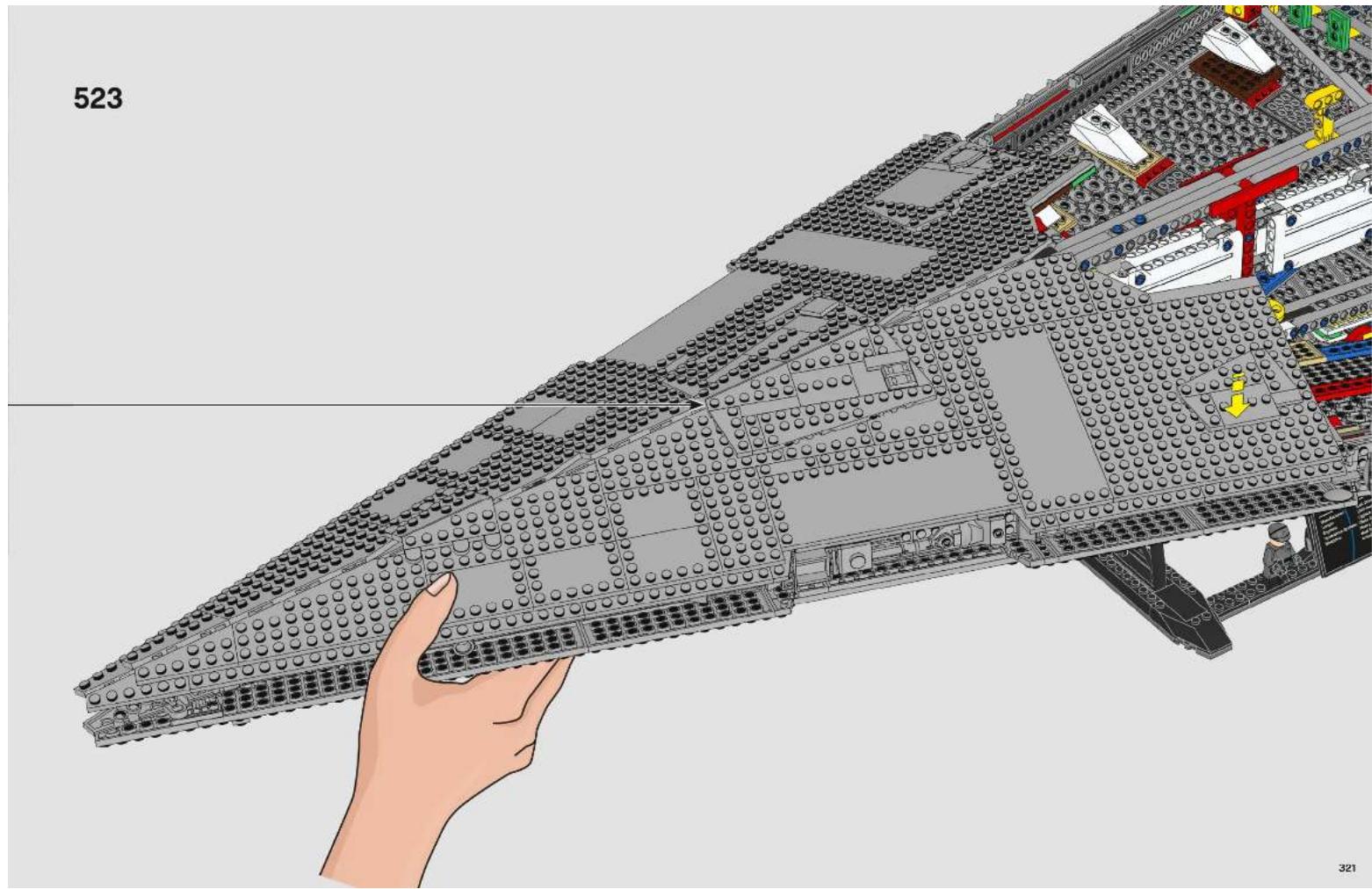 Illustration of a detailed LEGO ship's interior structure with a hand holding the hull (no text or symbols present)