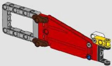 3D mechanical assembly diagram showing a red bracket with attached yellow components (no text or symbols)