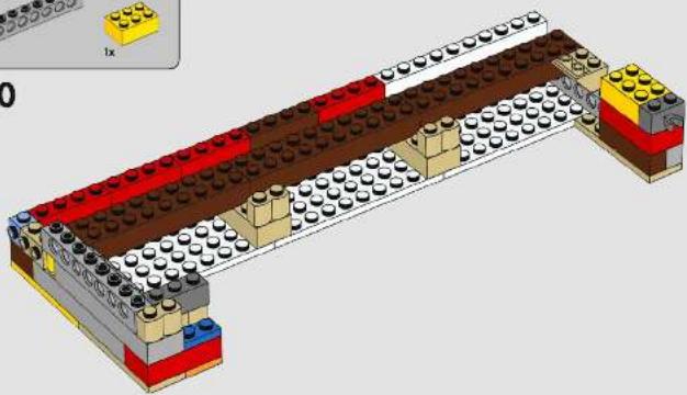 3D diagram of a LEGO structure with layered blocks and a small inset showing a yellow block labeled '1x' (no text or symbols on the structure itself)