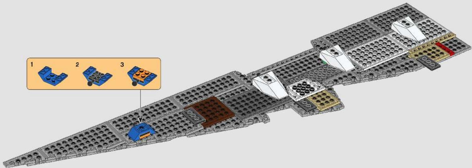 Lego assembly diagram showing three labeled components with blue and yellow LEGO blocks, including a zoomed-in view of the first two.