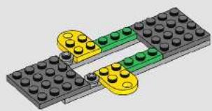 3D diagram of a LEGO structure with black and green blocks, featuring yellow components (no text or symbols)