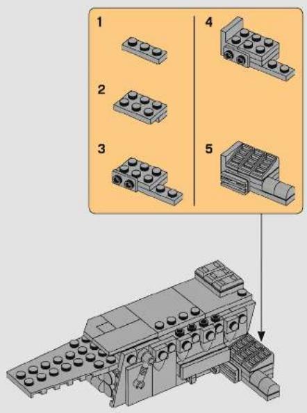 Diagram showing five LEGO component arrangements with numbered labels and a 3D mechanical assembly view below.