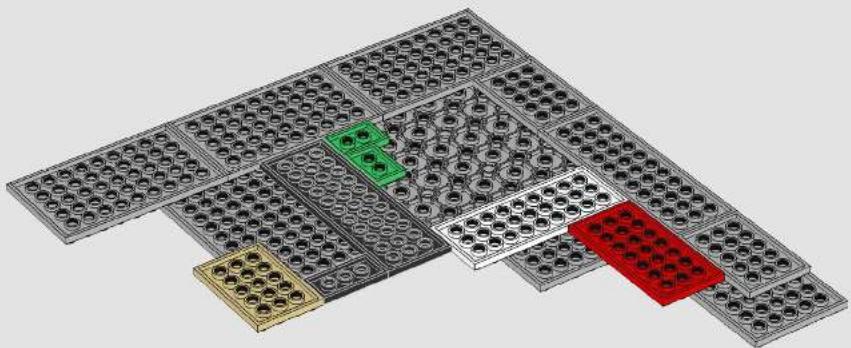 3D rendering of a microplate array with multiple rows of circular holes and colored blocks (green, red, yellow) indicating different components or layers.