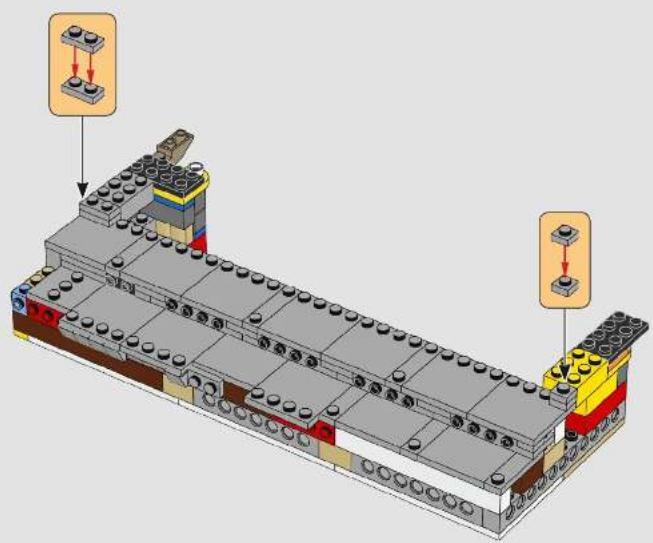 3D diagram of a LEGO ship deck with structural components and two labeled sensor points (no text or symbols present)