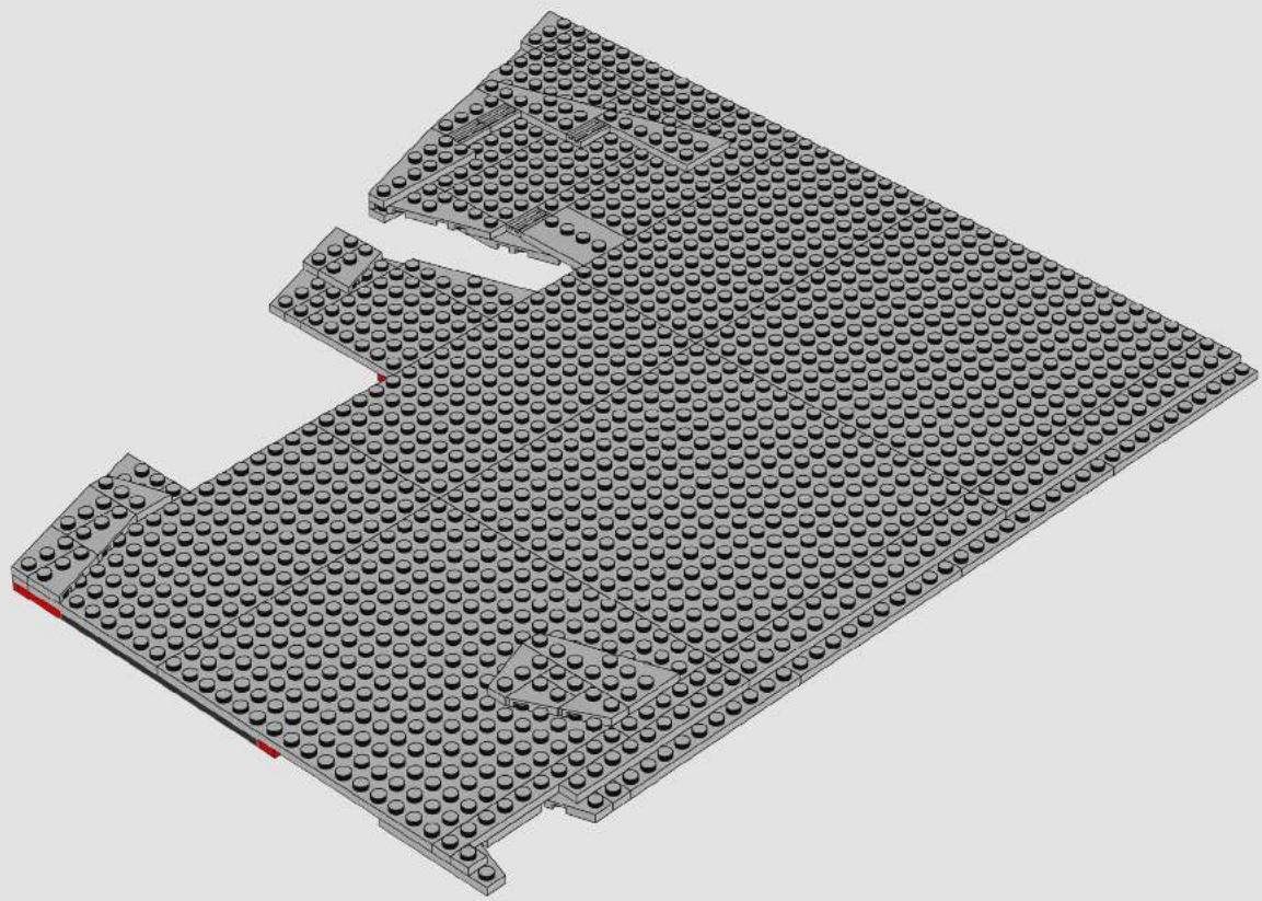3D architectural model of a building layout with multiple circular elements and a red accent line (no text or symbols)