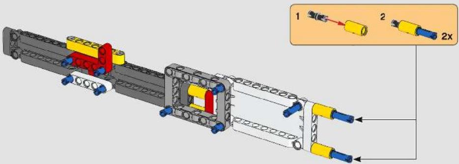 Technical diagram of a mechanical assembly with labeled components and an inset showing two yellow connectors labeled 1 and 2x.