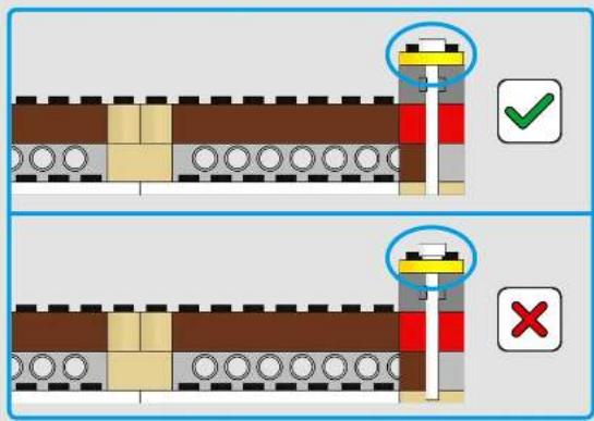 Diagram showing two mechanical assembly states with check and dislocation indicators, one marked with a yellow checkmark and red cross.