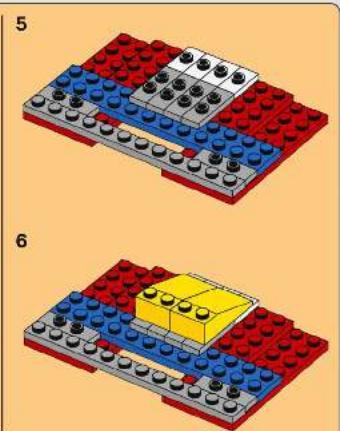 Two LEGO variants showing different arrangements of blue and red blocks with black circular elements, no text or symbols present.