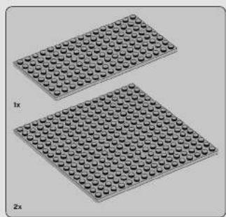 Two LEGO-printed rectangular blocks with uniform circular holes, labeled 1x and 2x (no text or symbols on the blocks themselves)