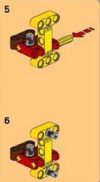 Two mechanical assembly diagrams showing a yellow bracket with red and black components, connected by a red arrow (no text or symbols)