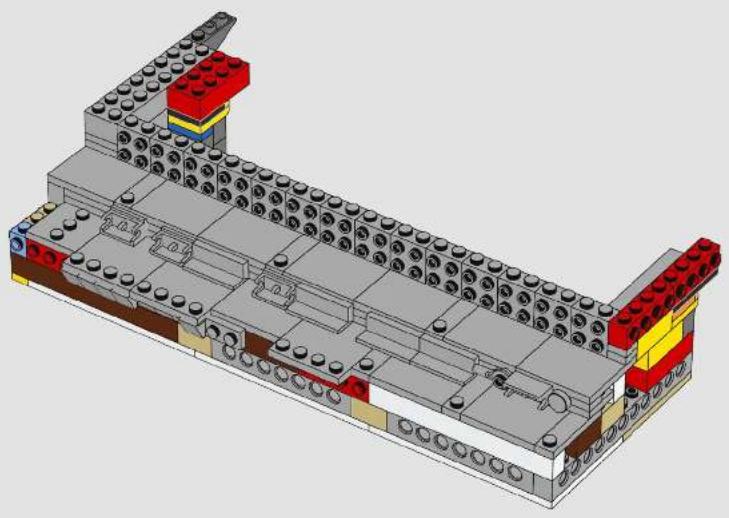 3D architectural model of a multi-story building with red and yellow components, showing structural layout and no visible text or symbols.