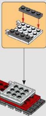 Diagram showing a LEGO brick assembly with a grid of circular components and an arrow indicating assembly direction.
