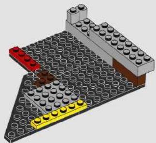 3D diagram of a LEGO structure with red and yellow components on a gray base plate (no text or symbols)