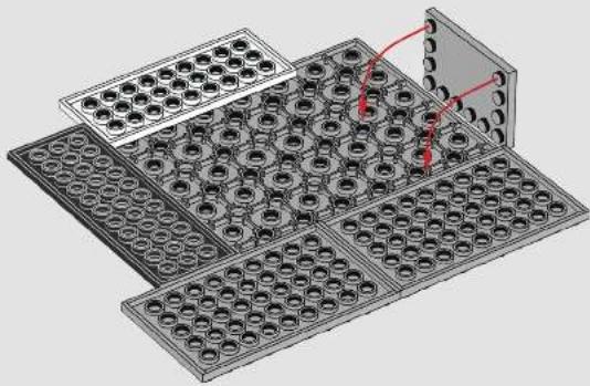3D technical illustration of a microplate array with grid patterns and red annotation lines (no text or symbols)