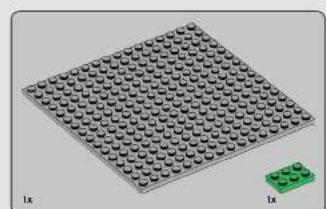 3D diagram of a LEGO base with circular holes and a small green component labeled '1x' (no text or symbols on the main structure)