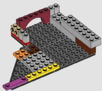 3D model of a LEGO structure with multiple legs and a central arch (no text or symbols)