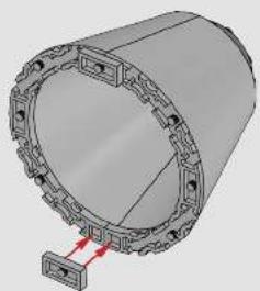 3D rendering of a cylindrical mechanical component with flanged ends and a red connector at the end (no text or symbols visible)