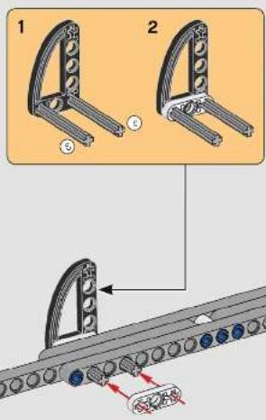 Technical diagram showing two mechanical assembly steps with numbered components and directional arrows indicating motion or assembly.