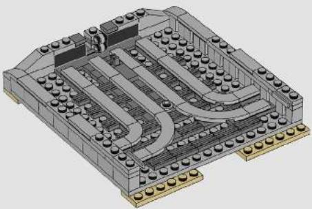3D architectural rendering of a modular building structure with curved and rectangular elements (no text or symbols visible)