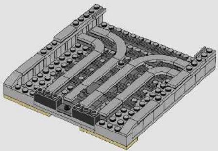 3D architectural rendering of a modular building structure with multiple cylindrical components and curved pathways (no text or symbols visible)