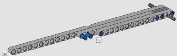 3D mechanical assembly diagram showing a rod with multiple circular components and blue connectors (no text or symbols)
