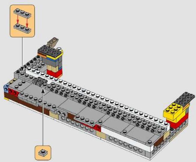 3D diagram of a LEGO building structure with labeled components and an inset showing a bracket assembly (no text or symbols present)