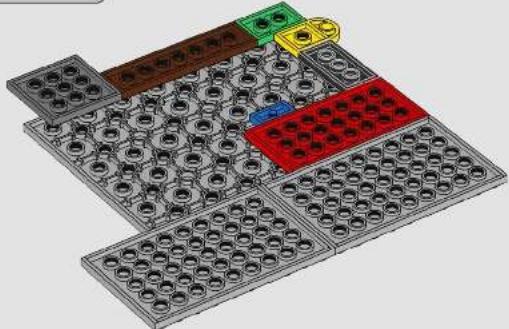 3D mechanical assembly diagram showing a grid of circular components and colored blocks (no text or symbols)