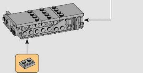 3D diagram of a mechanical assembly with labeled components and an inset showing a button-like component (no text or symbols present)