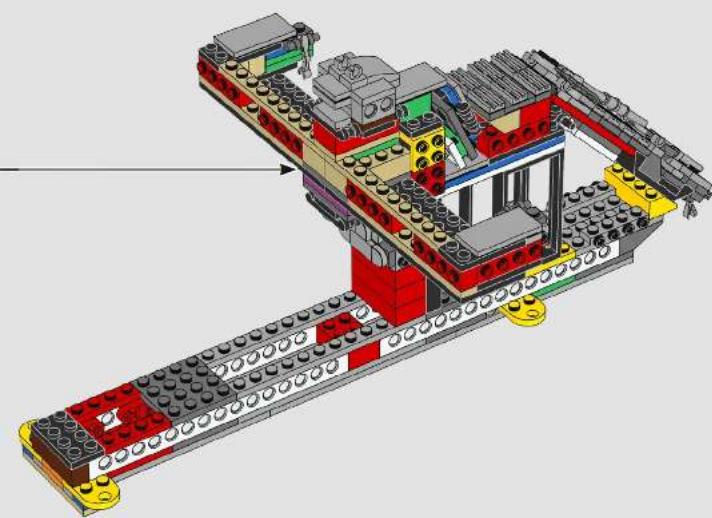3D architectural diagram of a multi-level building structure with red, yellow, and gray components (no text or symbols visible)