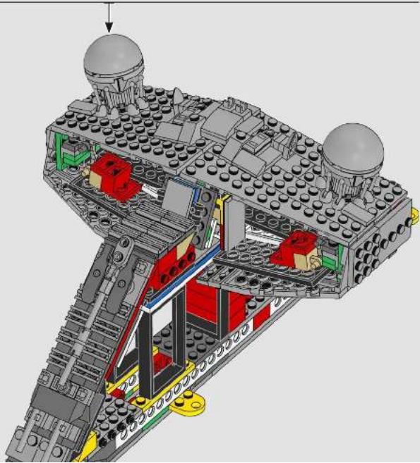 3D cutaway diagram of a LEGO rocket structure showing internal components and structural elements (no text or labels)