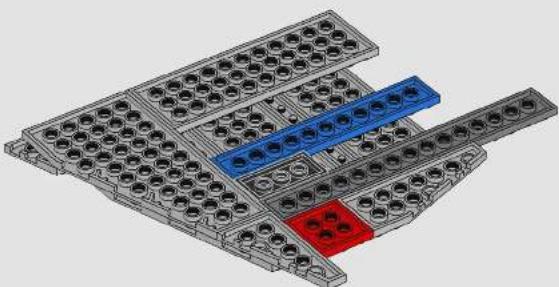 3D technical illustration of a multi-layer mechanical assembly with blue and red components (no text or symbols)