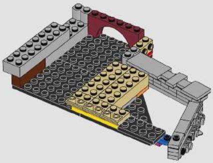 3D architectural model of a LEGO building assembly with visible structural elements and no text or symbols