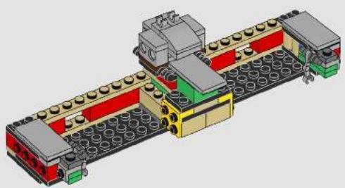 3D architectural rendering of a multi-level building assembly with green and red components (no text or symbols visible)