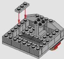 3D diagram of a LEGO structure with a vertical stack and red arrows indicating assembly or component (no text or symbols)