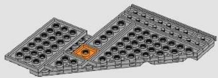 3D technical illustration of a multi-layered mechanical or electronic component with circular holes and a highlighted orange square (no text or symbols)