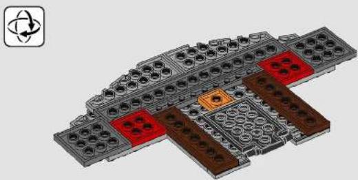 3D diagram of a LEGO structure with red and brown components, no text or symbols present