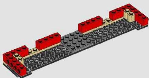 3D diagram of a LEGO structure with red and gray components, no text or symbols present