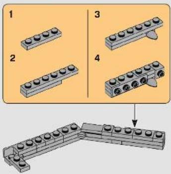 Diagram illustrating a mechanical assembly process with four stages of a brick structure, showing step-by-step assembly and final assembly.