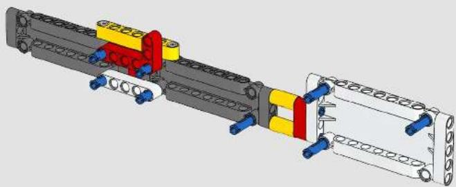 3D mechanical assembly diagram showing a shaft with mounting holes and a yellow component mounted on a gray frame (no text or symbols visible)